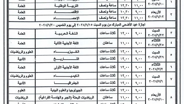 جدول امتحانات الثانوية