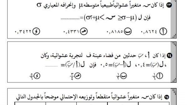 نموذج امتحان الإحصاء
